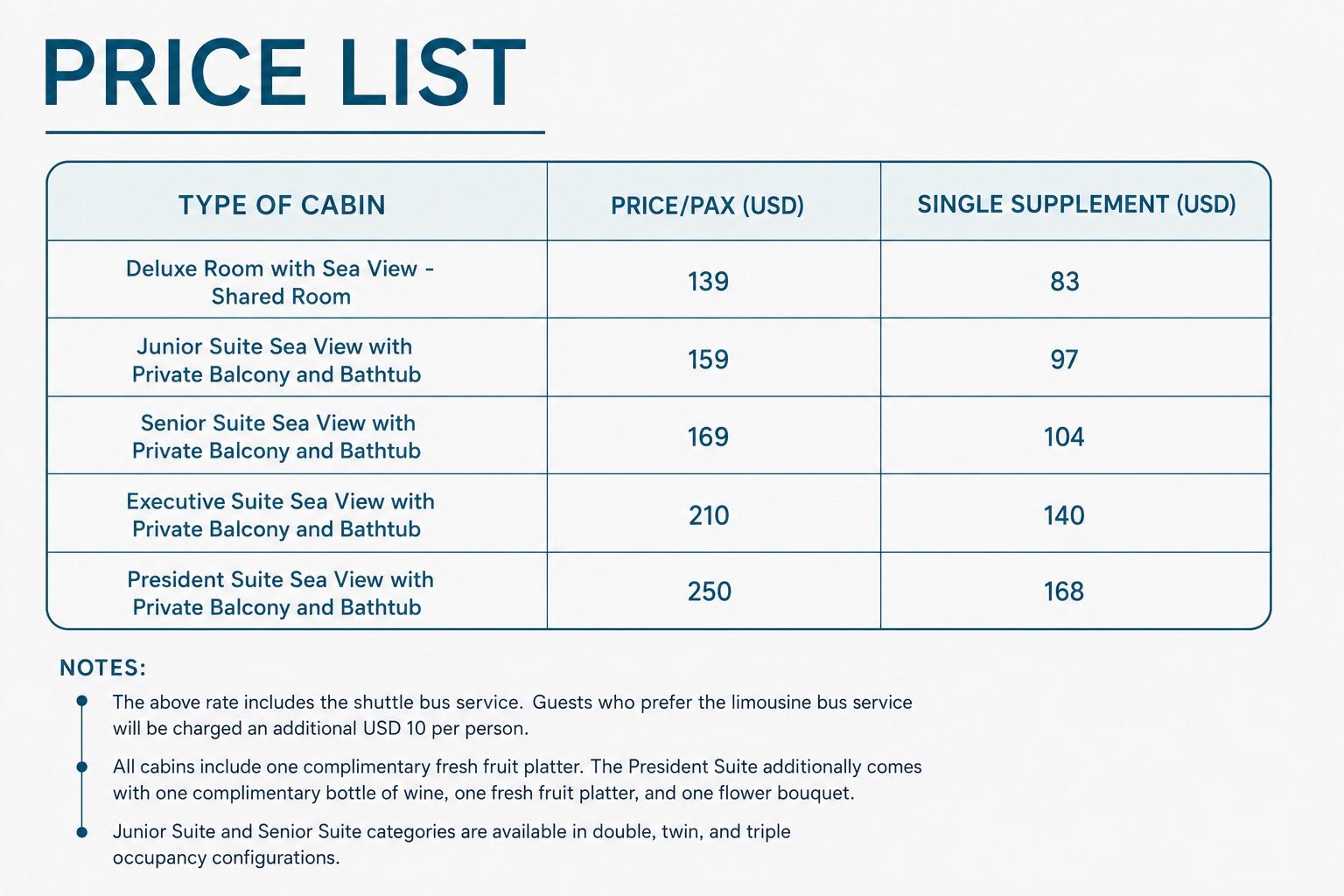 Oasis Bay Party Cruise Price List