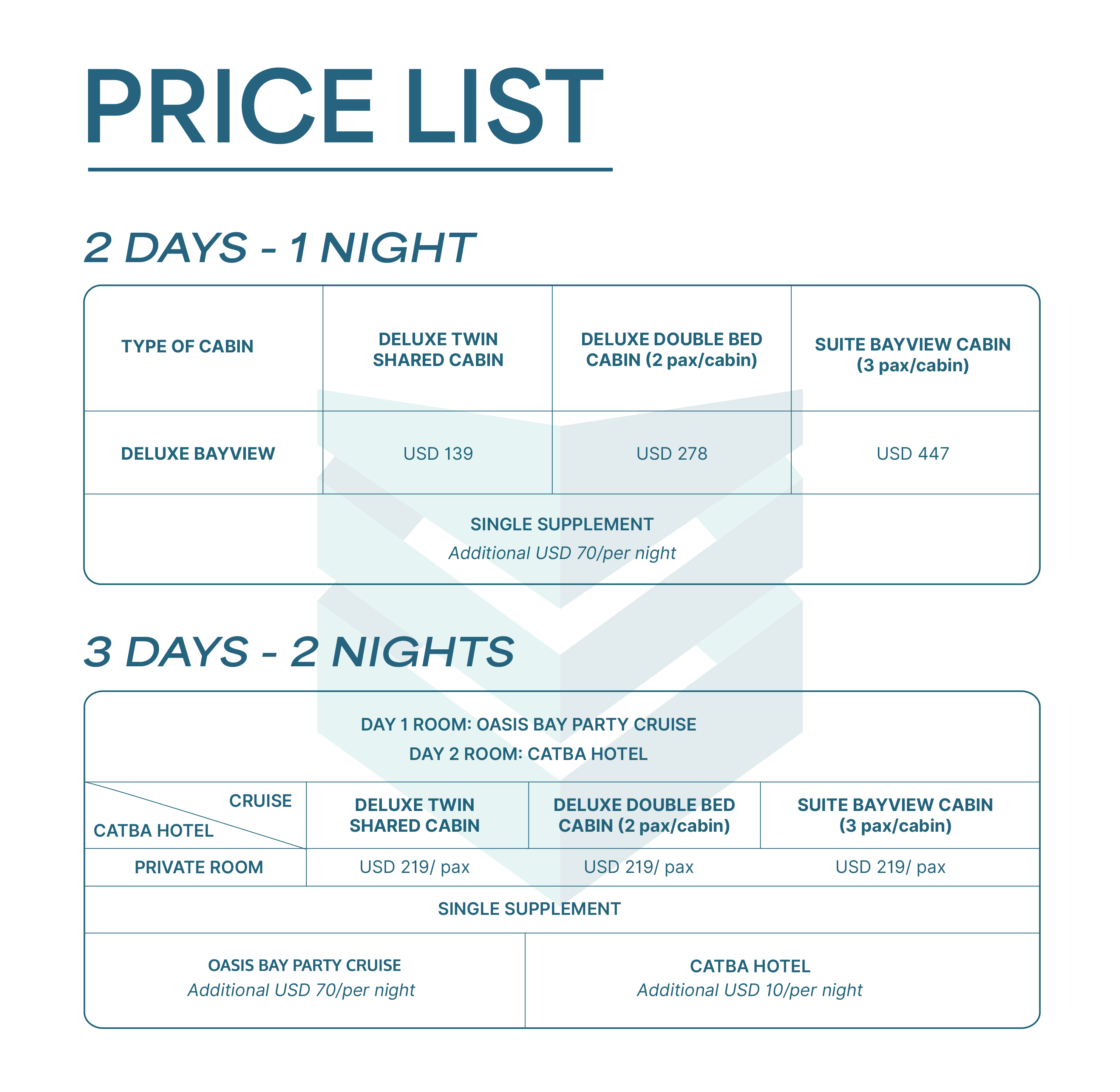 Oasis Bay Party Cruise Price List